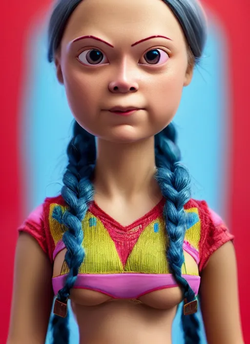 Image similar to closeup face profile portrait of tin toy greta thunberg wearing a bikini, depth of field, zeiss lens, detailed, symmetrical, centered, fashion photoshoot, by nicoletta ceccoli, mark ryden, lostfish, breathtaking, 8 k resolution, extremely detailed, beautiful, establishing shot, artistic, hyperrealistic, octane render