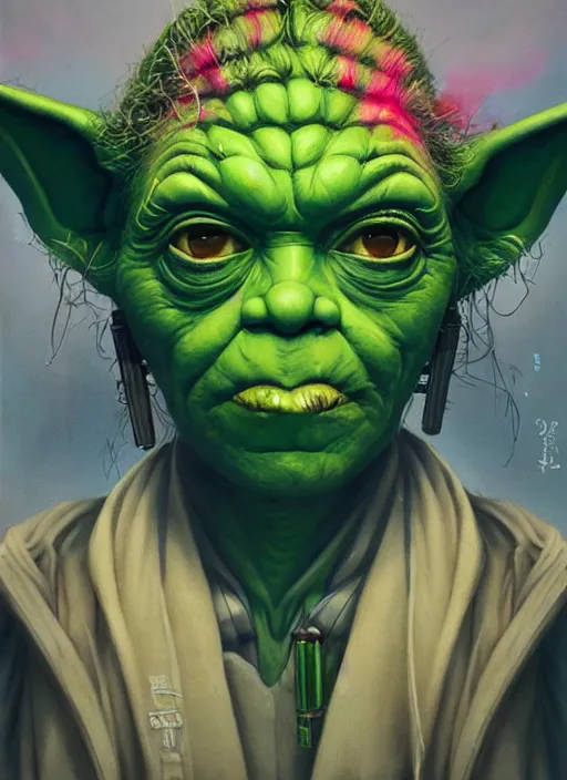 Image similar to beautiful portrait of Lofi cyberpunk Yoda, by Tristan Eaton, Stanley Artgermm, Tom Bagshaw, Greg Rutkowski, Carne Griffiths. trending on DeviantArt, face enhance, hyper detailed, trending on Artstation, 8k, masterpiece, graffiti paint, fine detail, full of color, intricate detail, golden ratio illustration