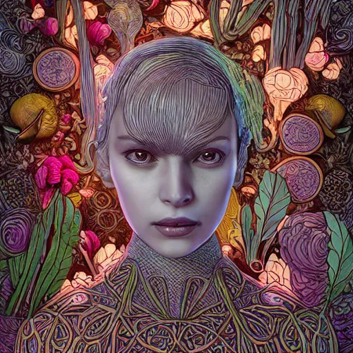 Prompt: the portrait of an absurdly beautiful, graceful, elegant, and sophisticated young woman made of garlic bulbs, an ultrafine detailed illustration by james jean, intricate linework, bright colors, final fantasy, behance contest winner, vanitas, angular, altermodern, unreal engine 5 highly rendered, global illumination, radiant light, detailed and intricate environment