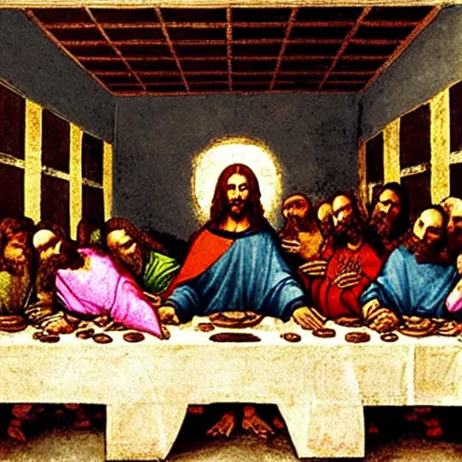 Prompt: Jesus as a comic book superhero in The Last Supper by Leonardo da Vinci