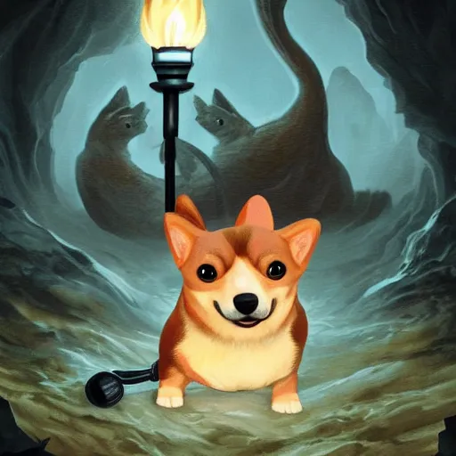 Prompt: a corgi as an eldritch horror, deep in a cave, only the face of the corgi illuminated by a torch, realistic creepy