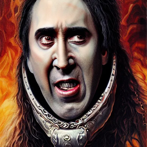 Image similar to Nicolas Cage as god of chaos screaming biomechanical, intricate, smooth, artstation, painted by Hans Giger