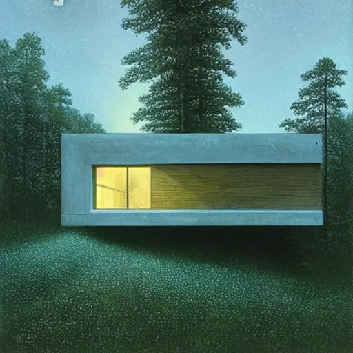 Image similar to atmospheric cozy futuristic organic white concrete house in the middle of a lush and dense forest at night, a beautiful lake next to it, night time, night sky, starry night sky, by Quint Buchholz