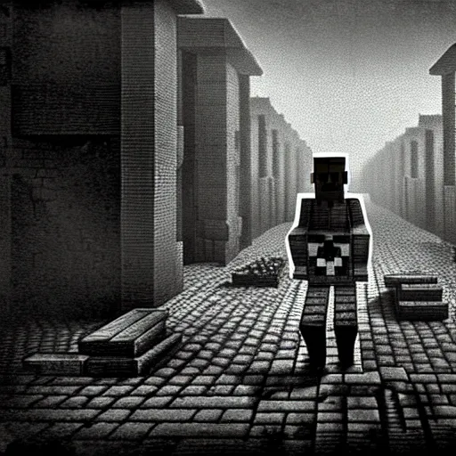 Prompt: eerie, the holocaust in minecraft, very old photo, photo from 1940s, war photograph, very authentic, very detailed, dramatic, intricate, highly detailed, digital painting, artstation, concept art, smooth, sharp focus, illustration, art by Gustave Dore, octane render