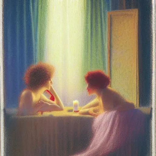 Prompt: two people talking :: by Delphin Enjolras :: pastel on paper