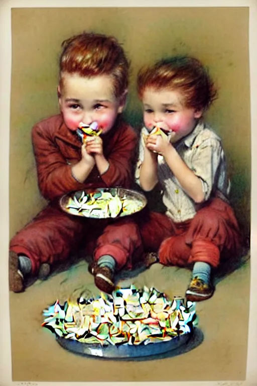 Image similar to (((((1950s kids eating popcorn . muted colors.))))) by Jean-Baptiste Monge !!!!!!!!!!!!!!!!!!!!!!!!!!!