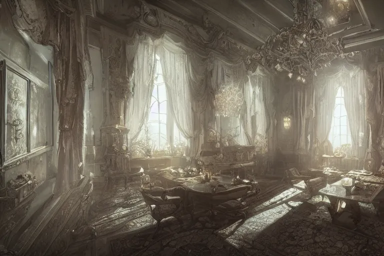 Image similar to a storybook illustration of inside a mansion rooms, hyper realistic, ambient lighting, concept art, intricate, hyper detailed, smooth, dynamic volumetric lighting, octane, raytrace, cinematic, high quality, high resolution, 4 k