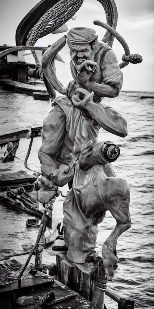 Image similar to popeye the sailor getting oscar, high detail, direct light, sharp, photography,