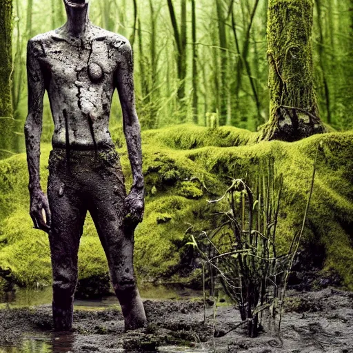 Prompt: Enigmatic Slender Man with Mud and Moss over his skin and plants growing on him is kneeling in a dirty pond, Photorealistic, Sunlight, Photograph, National Geographic, Hyperdetailed