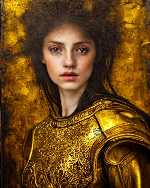 Image similar to encaustic painting portrait of woman in shining golden armor, high production value, intricate details, high resolution, hdr, high definition, masterpiece, realistic, ultrarealistic, highly detailed, hd, sharp focus, non blurry, sharp, smooth