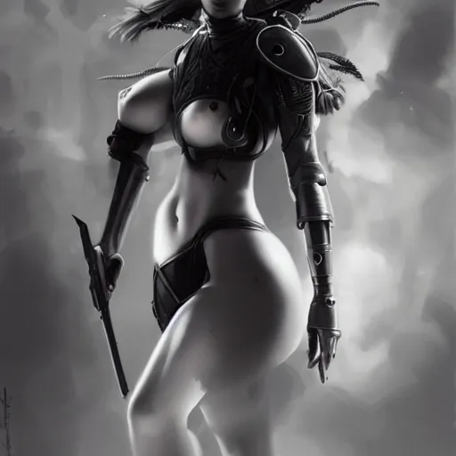 Prompt: By Tom Bagshaw, ultra realist soft painting of an attractive thicc curvy cyberpunk anime female fully body armored, with thin lustrous long hair floating, photorealistic eyes render, looking at camera, curiosities carnival, symmetry accurate features, very intricate details, focus, dark fantasy background black and white