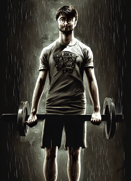 Image similar to a highly detailed full body portrait of Daniel Radcliffe as Harry Potter doing barbell back squats, wearing a muscle tee shirt, intricate detail, digital painting, old english, raining, sepia, particles floating, gym background by marc simonetti, artwork by ross tran + ramond swanland + liam wong, concept art, smooth, sharp focus, illustration, cinematic lighting