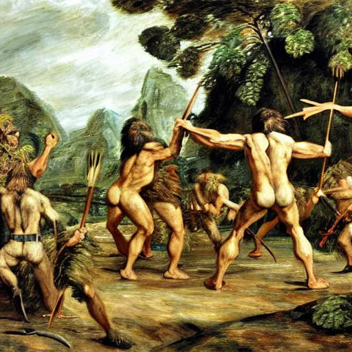 Prompt: A green scaly dinosaur fighting with several realistic detailed cavemen with proportioned bodies armed with spears, the cavemen are wearing animal furs, coarse canvas, visible brushstrokes, intricate, extremely detailed painting by John Constable