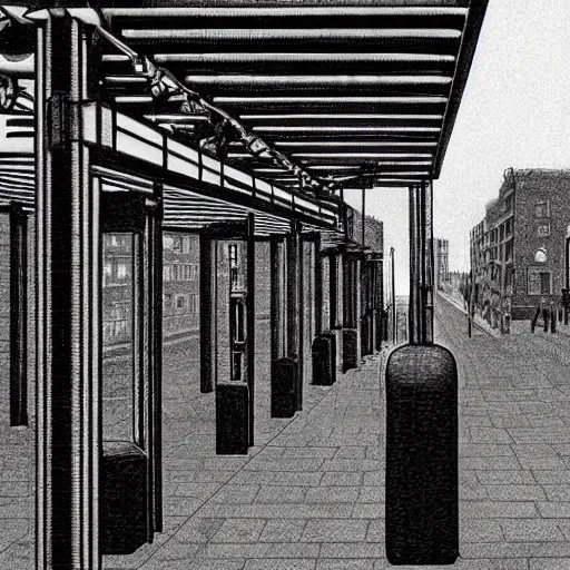 Image similar to dark city bus stop, by MC Escher, very detailed,ArtStation