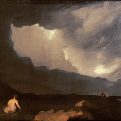 Prompt: goya the colossus painting, towering stone man, atmospheric haze, stormy, tundra, hudson river school, princess in foreground, large scale