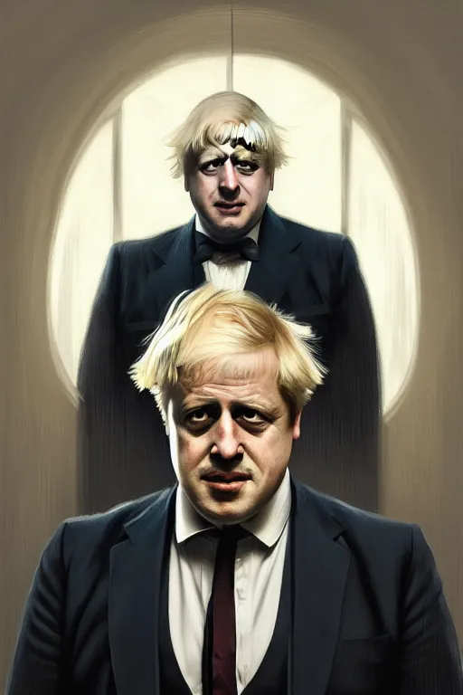 Image similar to Boris Johnson as Vito Corleone, realistic portrait, symmetrical, highly detailed, digital painting, artstation, concept art, smooth, sharp focus, illustration, cinematic lighting, art by artgerm and greg rutkowski and alphonse mucha