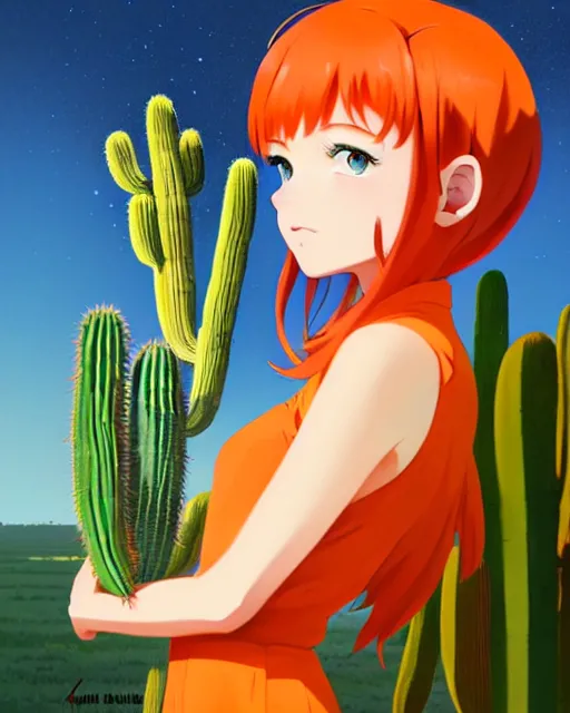 Image similar to portrait of cute redhead foxgirl in orange jumpsuit with fox ears by ilya kuvshinov, holding a cactus, cloudy sky background lush landscape illustration concept art anime key visual trending pixiv fanbox by wlop and greg rutkowski and makoto shinkai and studio ghibli