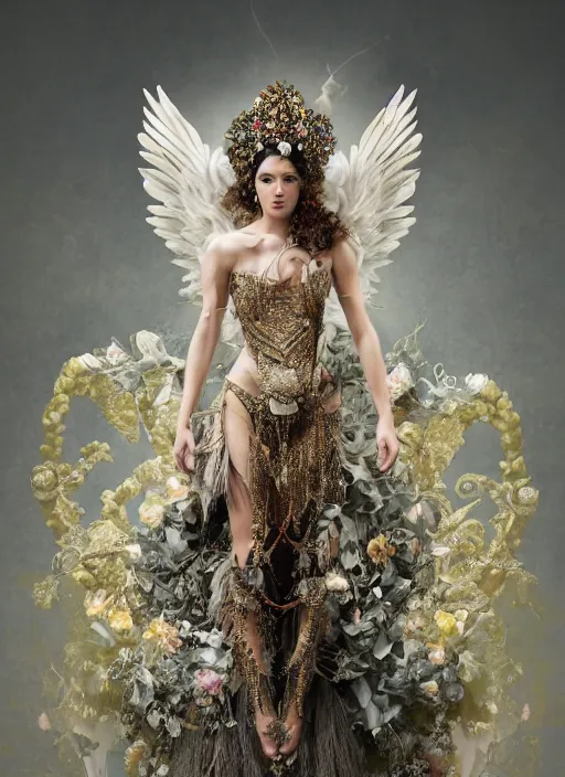 Image similar to full body environmental portrait photo of a goddess as angel, ornate headpiece made from flowers, ornaments, glamour shot by gemmy woud - binnendijk, lindsay adler, stefan gesell, photorealistic, canon r 3, fashion photography, ornate, elegant, luxury and elite, symmetrical features, octane render, unreal engine, solid dark grey background, dramatic lights