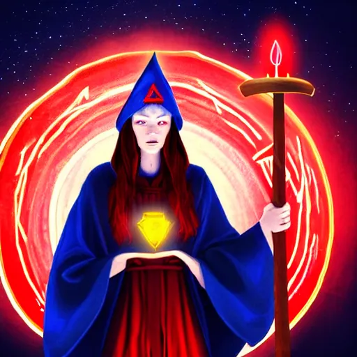 Image similar to red headed woman dressed in dark blue wizard robes holding a wooden staff covered in glowing red runes topped with a glowing gem. background of snowy mountains. fantasy painting.