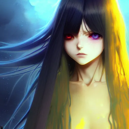 Image similar to attractive yellow eye color long blue - haired girl with bangs gothic anime character, fantasy, screenshot, anime, sharp focus, intricate, illustration, cell shaded, digital painting, highly detailed, concept art, matte, art by ilya kuvshinov and kyoto animation and wlop, and greg rutkowski, studio quality, james jean, artem demura