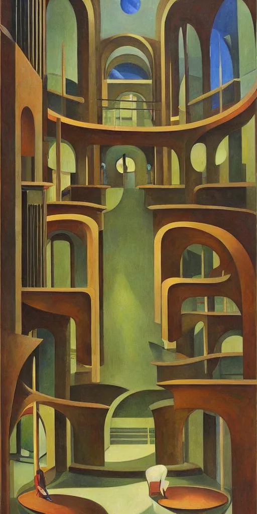 Image similar to fantastical biomorphic atrium, grant wood, pj crook, edward hopper, oil on canvas