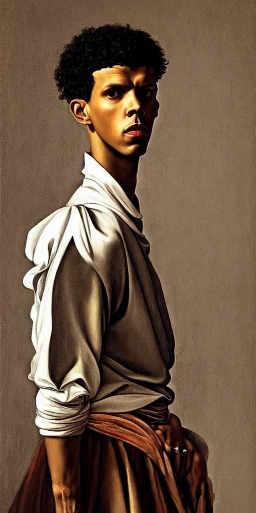 Image similar to a masterpiece painted portrait of stromae as a prince, by caravaggio, epic composition, exquisite details, dark mood,