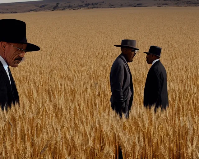 Image similar to extreme long shot of walter white wearing a black hat and gustavo fring standing facing each other from a distance in a wheat field, insanely detailed, low angle, side view, perfect angle, 8 5 mm photograph, 8 k resolution, wide shot, sharp lens, cinematic