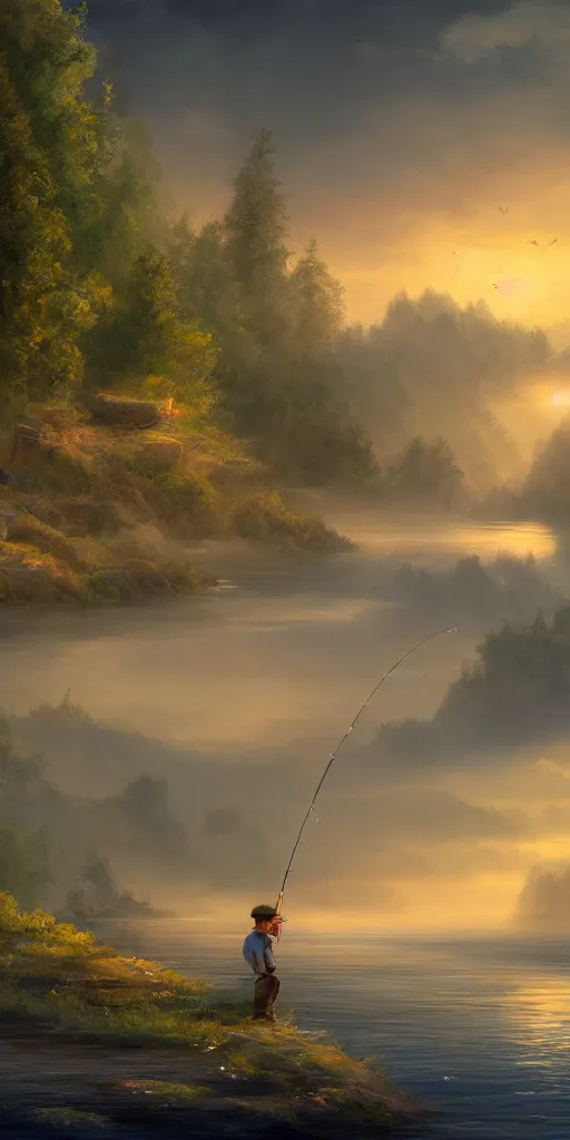 Prompt: beautiful matte painting of a little guy fishing in the river, realism, volumtric lighting, artstation, in the style of bob ross, 4 k