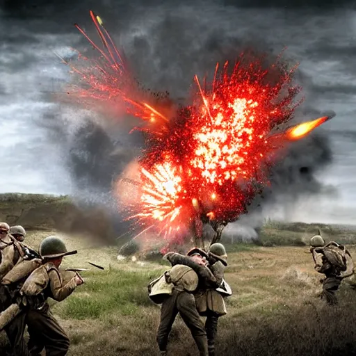 Image similar to ww 2 realistic photo battle scene, explosions