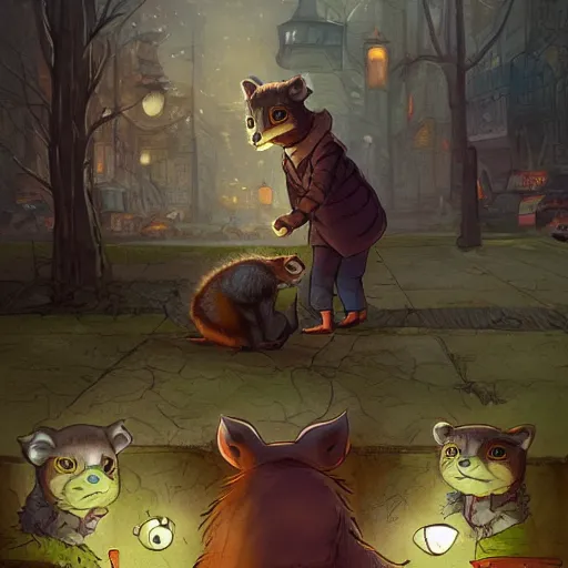 Prompt: Frank Dillane petting raccoons, comical, funny, cute, cartoon, digital painting, old english, whimsical background by marc simonetti, artwork by liam wong