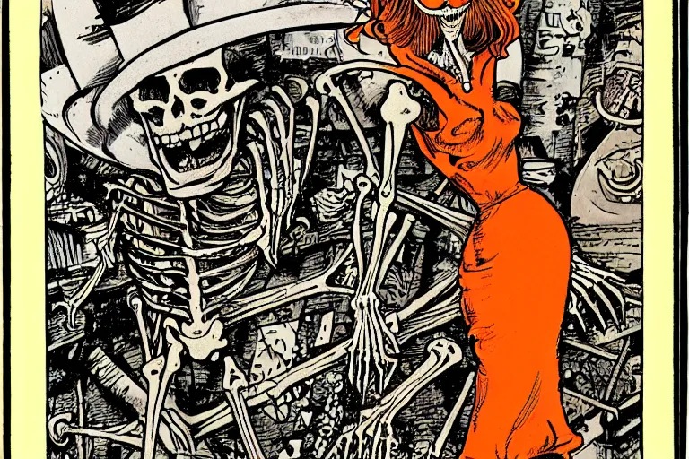 Image similar to decaying skeleton lurking after a woman in a orange dress, in the style of feldstein, johnny craig, wally wood, and jack davis