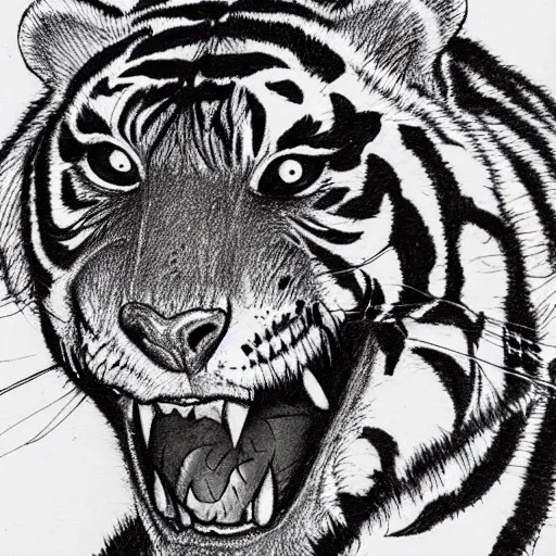 Image similar to a rough ink drawing of a tiger by junji ito,