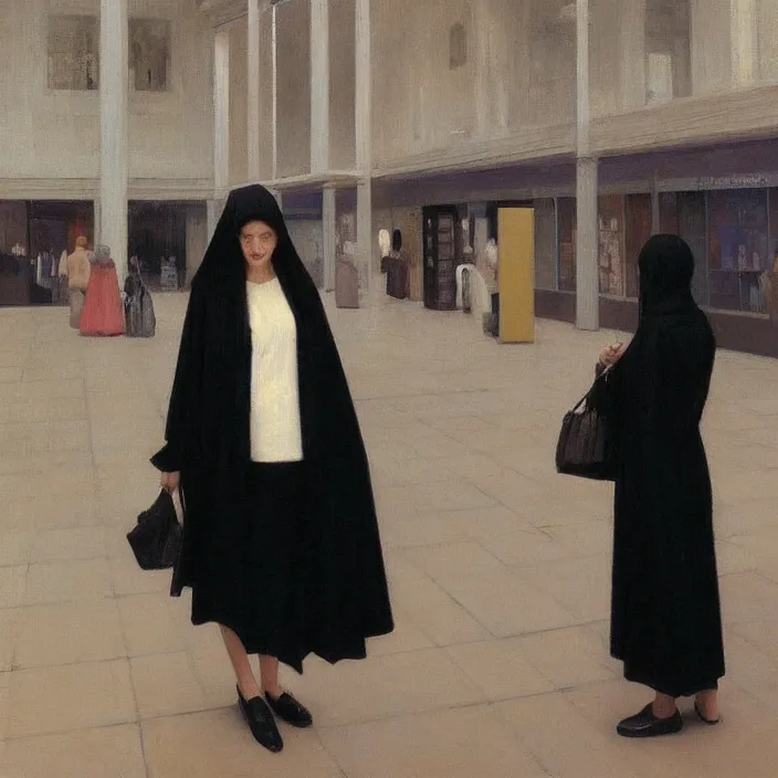 Image similar to woman in black robes, short skirt, in magnificent shopping mall, oil painting by edward hopper, zdislav beksinski, wayne barlowe