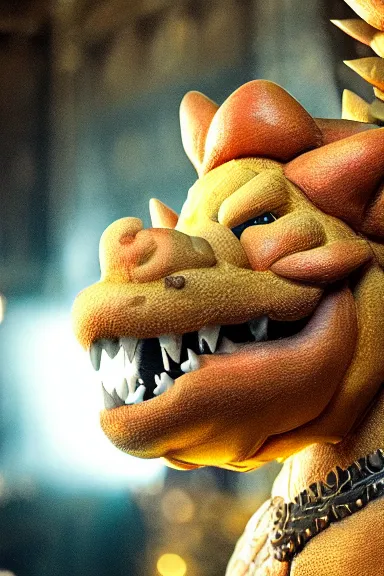 Image similar to very very intricate photorealistic photo of bowser in an episode of game of thrones, photo is in focus with detailed atmospheric lighting, award - winning details