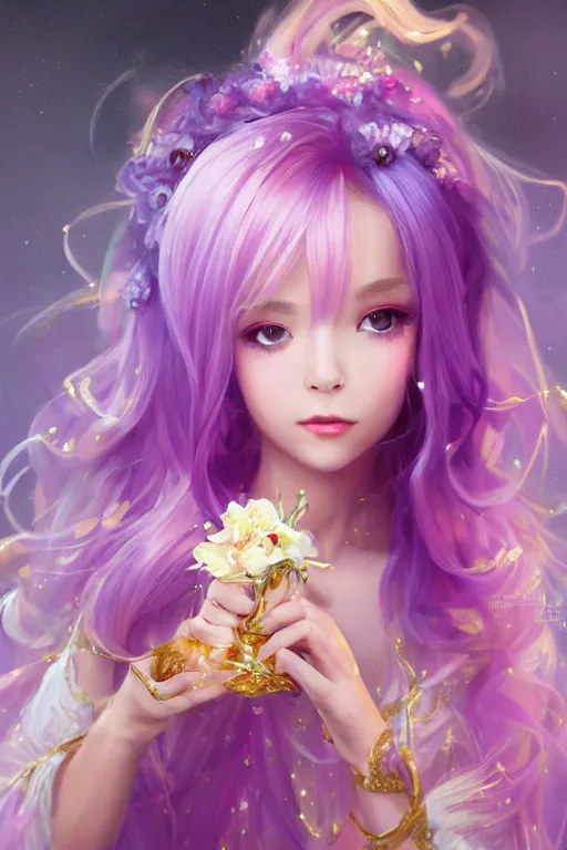 Image similar to beautiful princess in gold and pink dress, purple hair,, in her hands a black flower, soft lights ,symmetrical portrait, high quality, cinematic by WLOP and Rossdraws, character concept art. Epic composition, hyperrealism, award winning artwork,realistic hair, trending on artstation, high quality printing, fine art with subtle redshift rendering