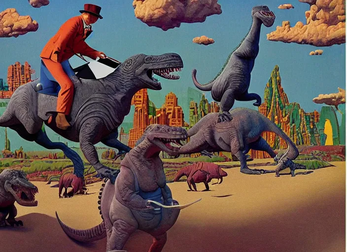 Image similar to Winston Churchill riding a T-Rex, painting by Jean Giraud and René Magritte and Gary Panter and Robert Crumb, claymation in octane