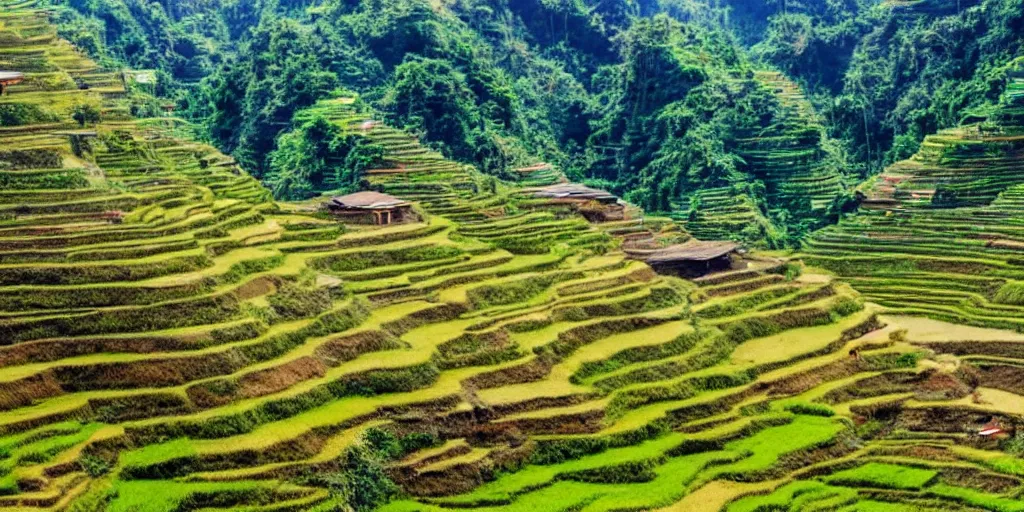 Image similar to a photo of Ifugao rice terraces in the Philippines with futuristic and modern farming equipment and alien structures