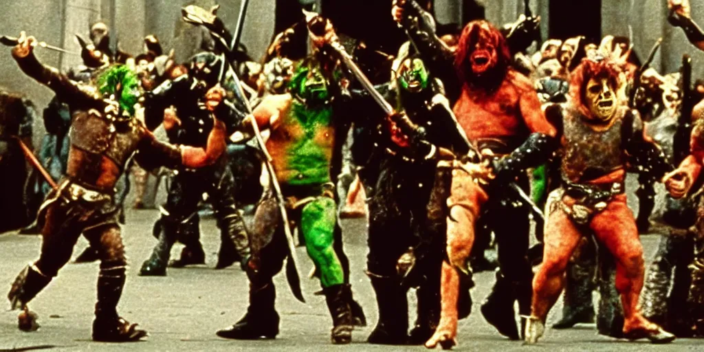 Image similar to A full color still from a Stanley Kubrick film featuring actors dressed as angry Orcs, waving swords, 35mm, 1970