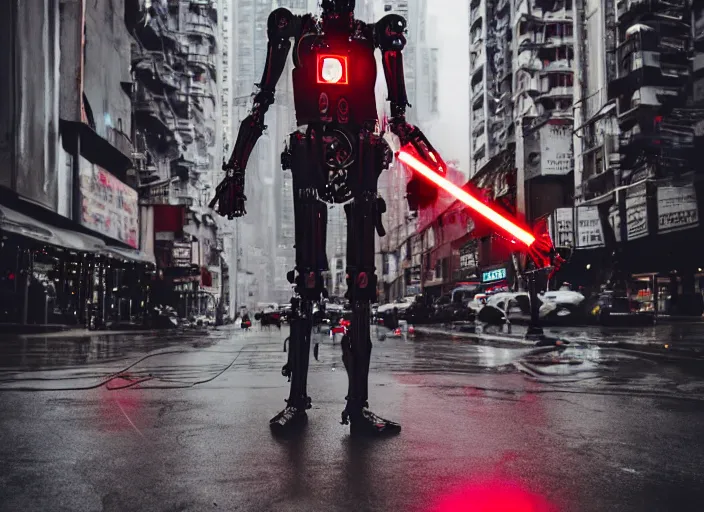 Image similar to 3 5 mm portrait photo of general grievous with heavy duty biomechanical cybernetic body with 4 arms holding 4 activated red lightsabers in the city in the rain. cyberpunk horror style.