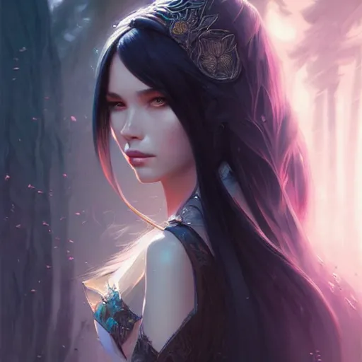 Prompt: a beautiful girl with long black hair, fantasy, portrait, sharp focus, intricate, elegant, digital painting, artstation, matte, highly detailed, concept art, illustration, ambient lighting, art by Rossdraws, artgerm, and Greg Rutkowski