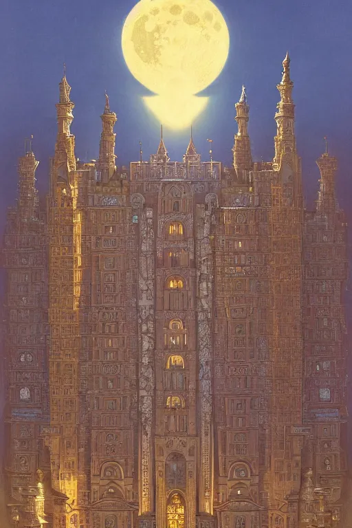 Prompt: ancient silver tower of the moon, distance view, fairytale illustration, elaborate carved latticed balconies, tall windows, moorish architecture, formal gardens, dramatic cinematic lighting, soft colors, golden age illustrator, unreal engine, by Andreas Rocha and Ludwig Deutsch and (Maxfield Parrish and Nicholas Roerich)