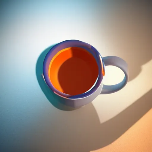 Prompt: White mug, hyperrealism, diffuse shadows, orange and blue diffuse shadows unreal engine 5 tech demo, zillow interior, cool tint, vivid colors, metallic reflective, octane render, Frank Lloyd Wright ((Studio Ghibli))