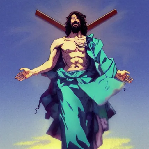 Image similar to jesus in a jojo dramatic pose, illustration by hirohiko araki and greg rutkowski