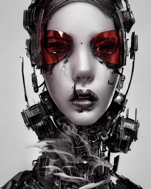 Image similar to retro tech ink smoke portrait cyborg, futuristic grunge art by WLOP and Tony Sart, artstation