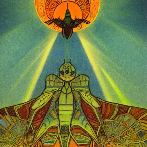 Image similar to the moth kingdom, by leo and diane dillon and nicholas roerich, dramatic lighting, god rays, smooth, sharp focus, highly detailed