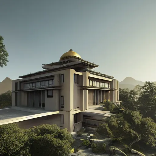 Image similar to modernist beige house inspired by tibetan palace, built like a stadium with atrium in the middle, on a hill surrounded by big trees, dramatic lighting, artstation, realistic rendering, unreal engine, octane render, raphael lacoste, simon stalenhag, frank lloyd wright, helicopter view