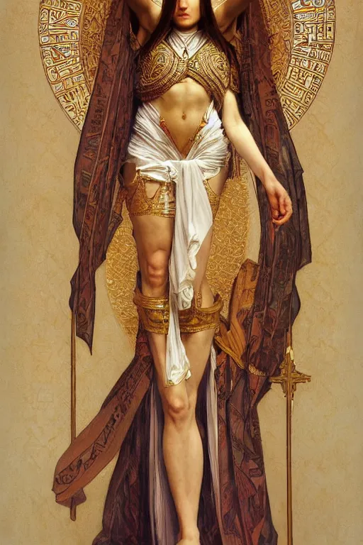 Image similar to a full body portrait of a beautiful ethereal delicate byzantine egyptian mage queen meditative sacral pose catholic stages of the cross, intricate, elegant, highly detailed, digital painting, artstation, concept art, smooth, sharp focus, illustration, art by krenz cushart and artem demura and alphonse mucha