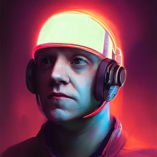Image similar to portrait of Rupert Grint as Ron Wisly with visor in cyberpunk, neon lighting, night city, digital art from artstation by Ruan Jia and Mandy Jurgens and Artgerm and william-adolphe bouguereau and Greg Rutkowski