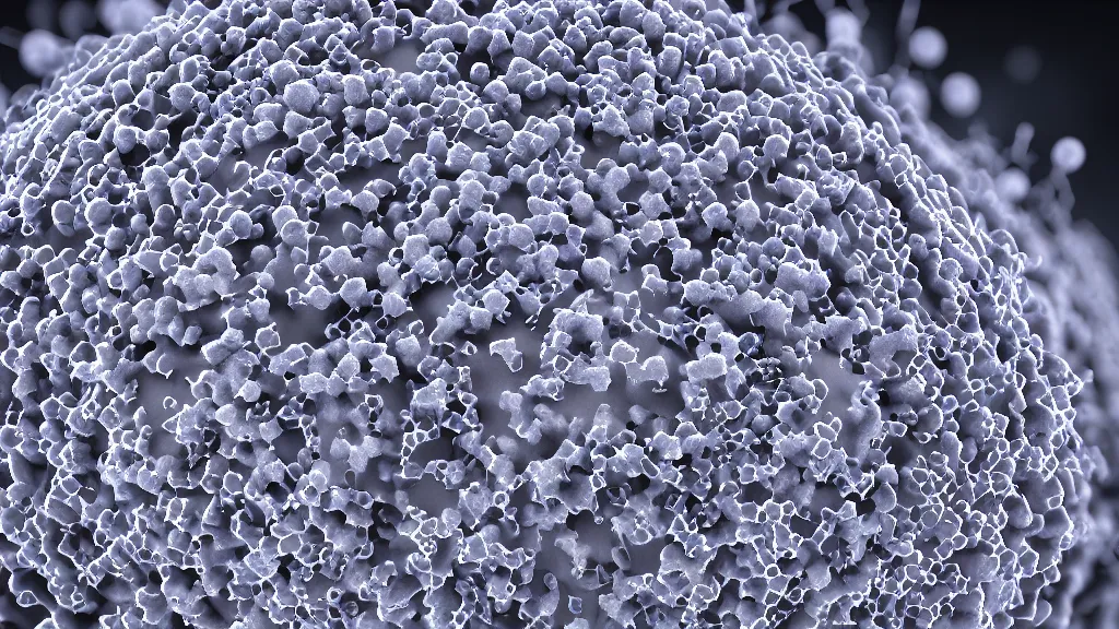 Image similar to beautiful 3 d closeup photo of deadly virus infecting a cell, seen through a microscope, detailed, high contrast, scientific illustration, 8 k, octane render