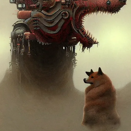 Image similar to anthropomorphic shiba inu, in giant mech robot horror, dark fantasy, intricate, highly detailed, smooth, artstation, painted by wayne barlowe, greg rutkowski, zdislav beksinski, francis bacon